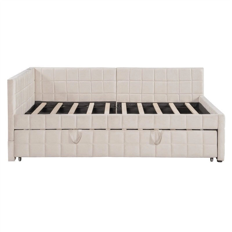 Lit de repos tapissé pleine grandeur avec lit gigogne escamotable de taille simple et ports USB, cadre de lit de repos moderne avec dossier en forme de L