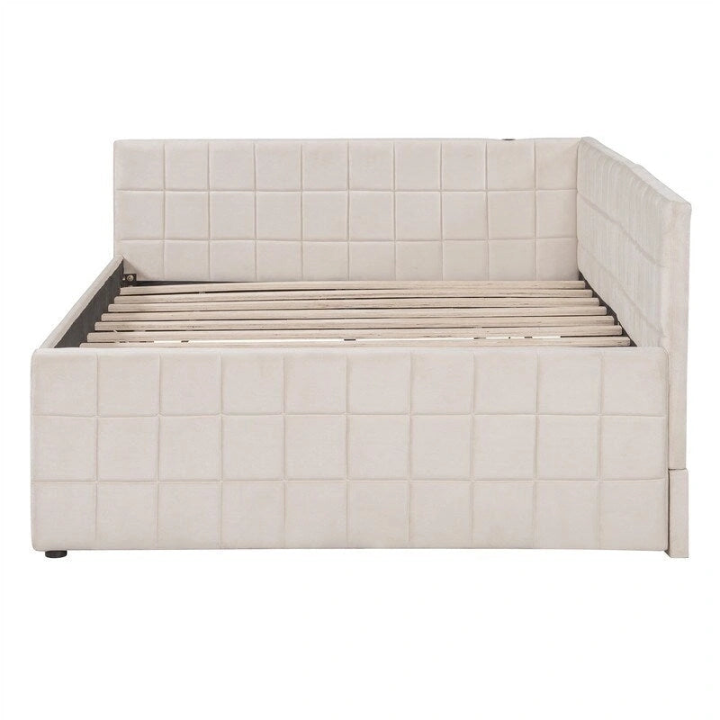 Lit de repos tapissé pleine grandeur avec lit gigogne escamotable de taille simple et ports USB, cadre de lit de repos moderne avec dossier en forme de L