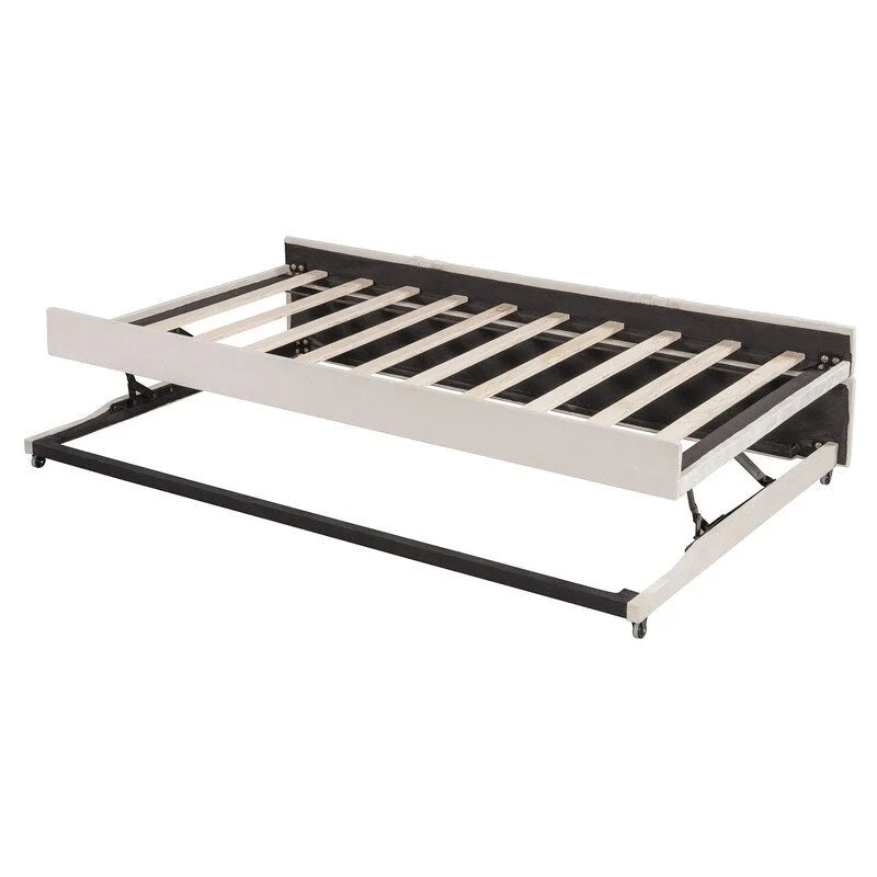 Lit de repos tapissé pleine grandeur avec lit gigogne escamotable de taille simple et ports USB, cadre de lit de repos moderne avec dossier en forme de L