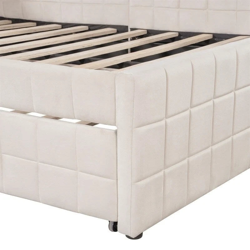 Lit de repos tapissé pleine grandeur avec lit gigogne escamotable de taille simple et ports USB, cadre de lit de repos moderne avec dossier en forme de L