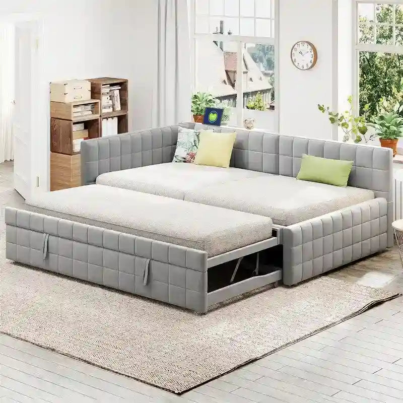 Lit de repos tapissé pleine grandeur avec lit gigogne escamotable de taille simple et ports USB, cadre de lit de repos moderne avec dossier en forme de L