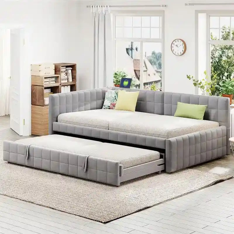 Lit de repos tapissé pleine grandeur avec lit gigogne escamotable de taille simple et ports USB, cadre de lit de repos moderne avec dossier en forme de L