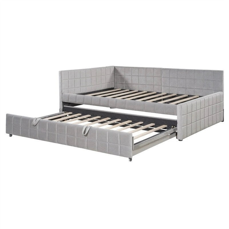 Lit de repos tapissé pleine grandeur avec lit gigogne escamotable de taille simple et ports USB, cadre de lit de repos moderne avec dossier en forme de L