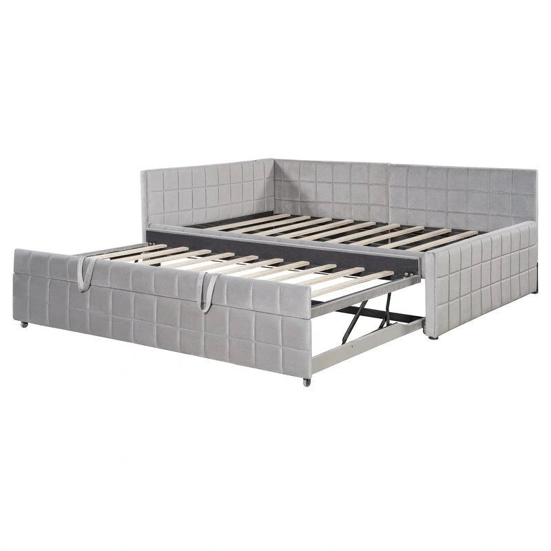 Lit de repos tapissé pleine grandeur avec lit gigogne escamotable de taille simple et ports USB, cadre de lit de repos moderne avec dossier en forme de L