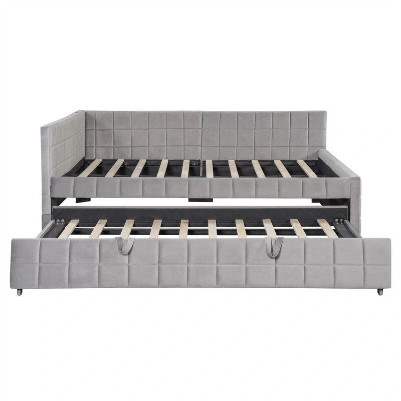 Lit de repos tapissé pleine grandeur avec lit gigogne escamotable de taille simple et ports USB, cadre de lit de repos moderne avec dossier en forme de L