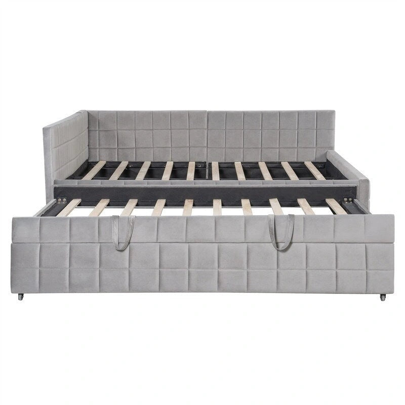Lit de repos tapissé pleine grandeur avec lit gigogne escamotable de taille simple et ports USB, cadre de lit de repos moderne avec dossier en forme de L