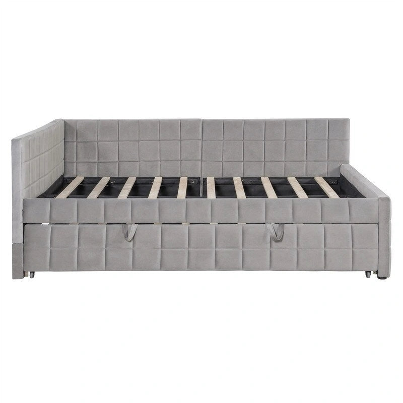 Lit de repos tapissé pleine grandeur avec lit gigogne escamotable de taille simple et ports USB, cadre de lit de repos moderne avec dossier en forme de L