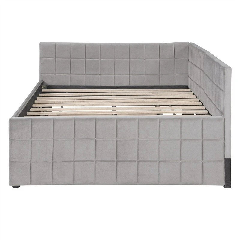 Lit de repos tapissé pleine grandeur avec lit gigogne escamotable de taille simple et ports USB, cadre de lit de repos moderne avec dossier en forme de L