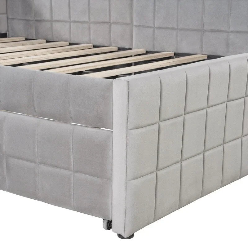Lit de repos tapissé pleine grandeur avec lit gigogne escamotable de taille simple et ports USB, cadre de lit de repos moderne avec dossier en forme de L