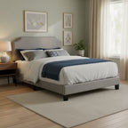 Grey Polyester Upholstered Queen Bed Frame with Headboard and Nailhead Trim