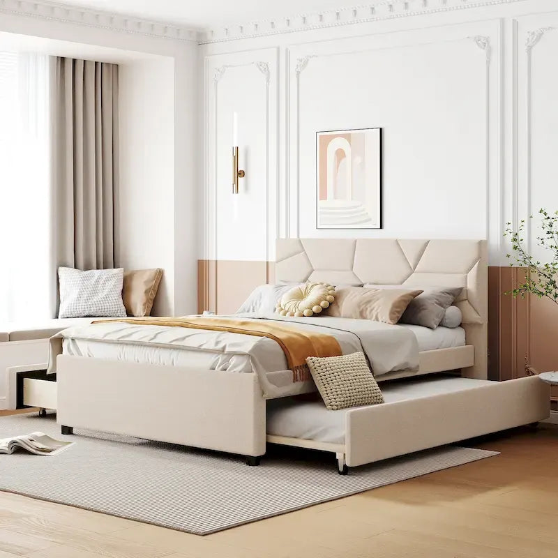 Lit plateforme beige double en lin avec tête de lit motif brique, lit gigogne et tiroirs de rangement