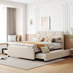 Lit plateforme beige double en lin avec tête de lit motif brique, lit gigogne et tiroirs de rangement