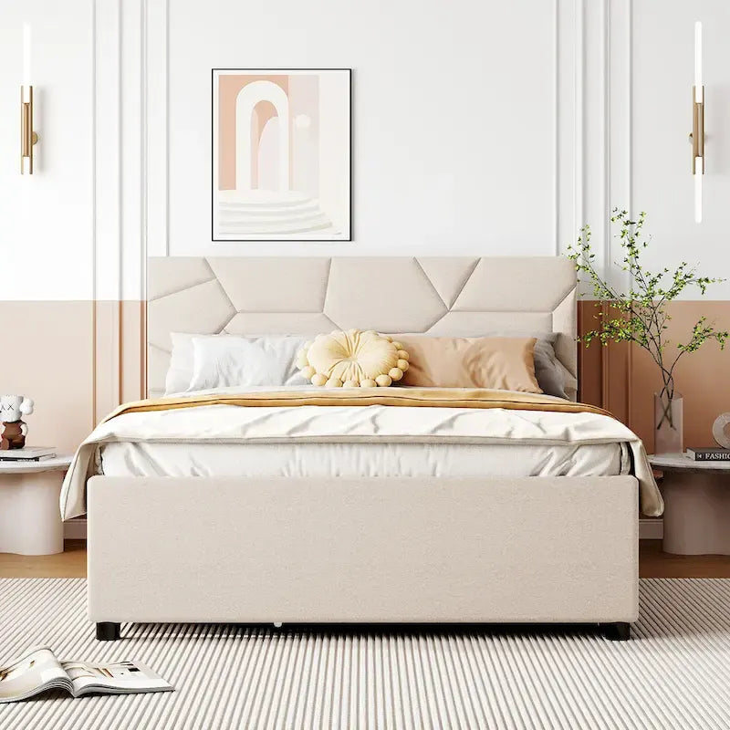 Lit plateforme beige double en lin avec tête de lit motif brique, lit gigogne et tiroirs de rangement