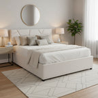 Lit plateforme beige double en lin avec tête de lit motif brique, lit gigogne et tiroirs de rangement