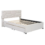 Lit plateforme beige double en lin avec tête de lit motif brique, lit gigogne et tiroirs de rangement