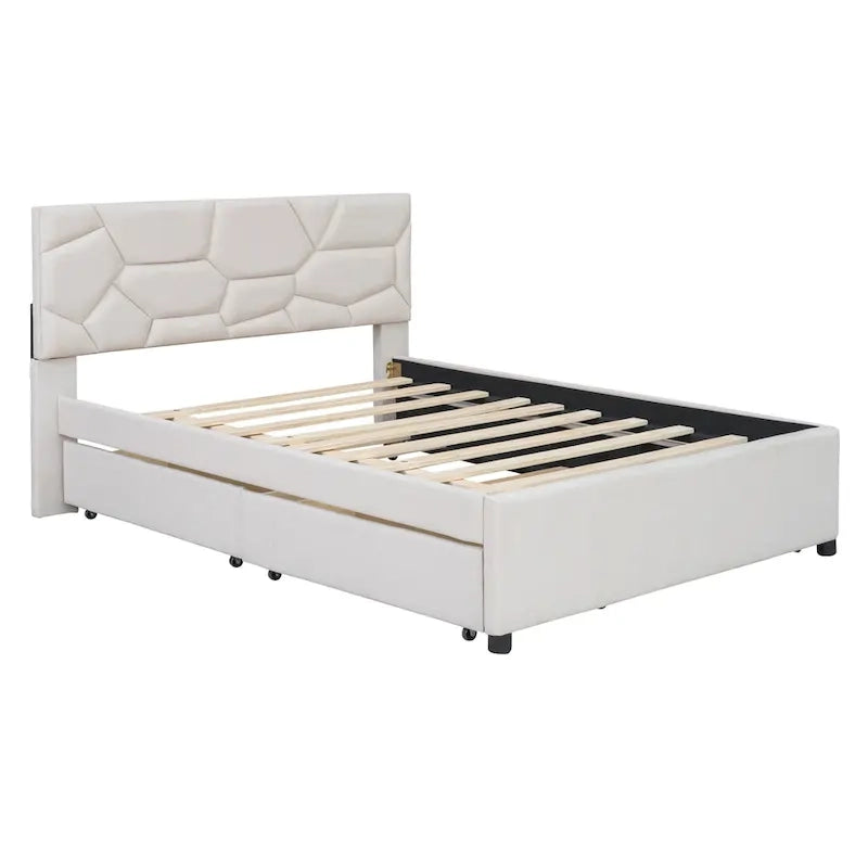 Lit plateforme beige double en lin avec tête de lit motif brique, lit gigogne et tiroirs de rangement