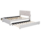 Lit plateforme beige double en lin avec tête de lit motif brique, lit gigogne et tiroirs de rangement