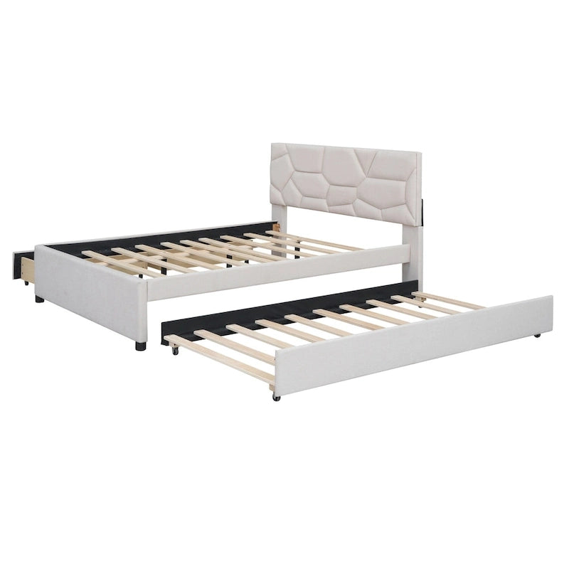 Lit plateforme beige double en lin avec tête de lit motif brique, lit gigogne et tiroirs de rangement