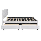 Lit plateforme beige double en lin avec tête de lit motif brique, lit gigogne et tiroirs de rangement