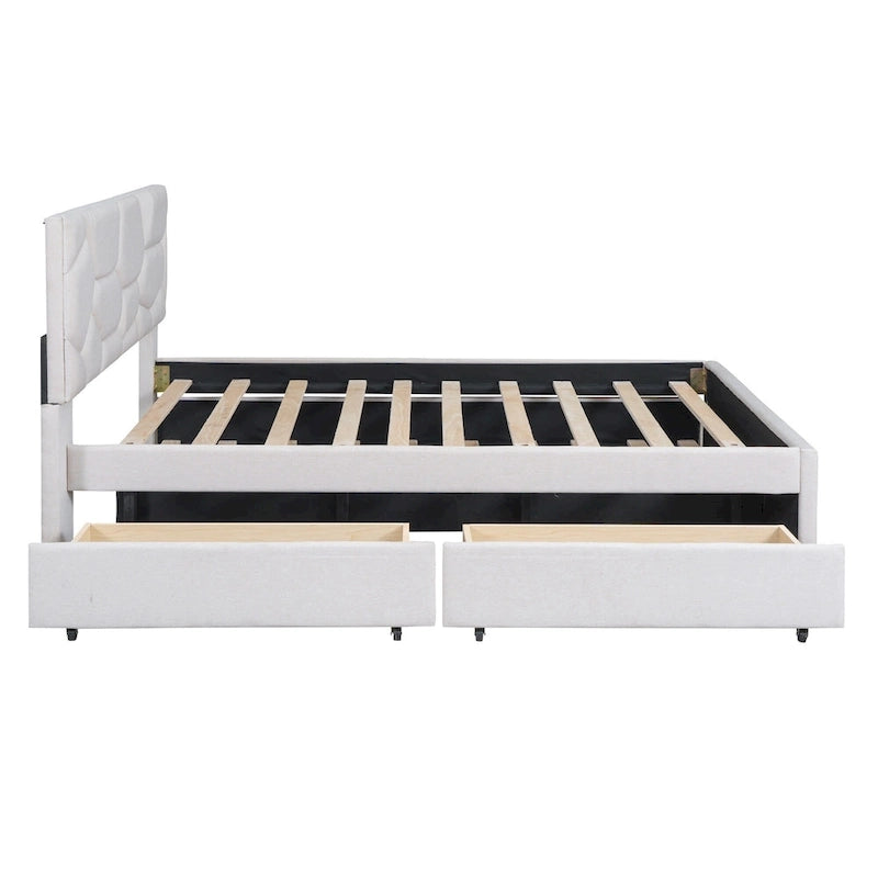 Lit plateforme beige double en lin avec tête de lit motif brique, lit gigogne et tiroirs de rangement