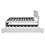 Lit plateforme beige double en lin avec tête de lit motif brique, lit gigogne et tiroirs de rangement