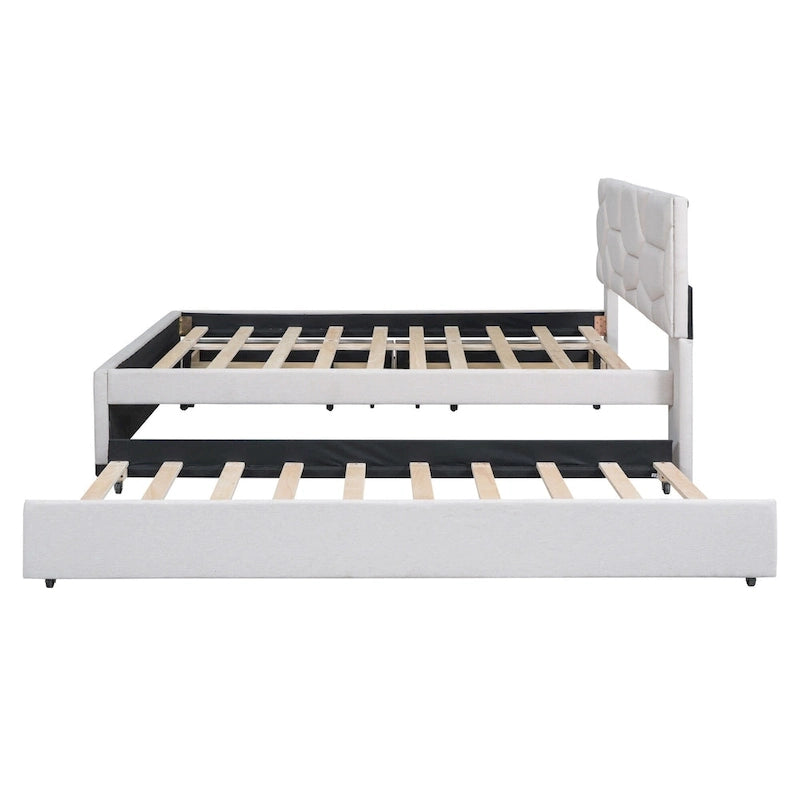 Lit plateforme beige double en lin avec tête de lit motif brique, lit gigogne et tiroirs de rangement