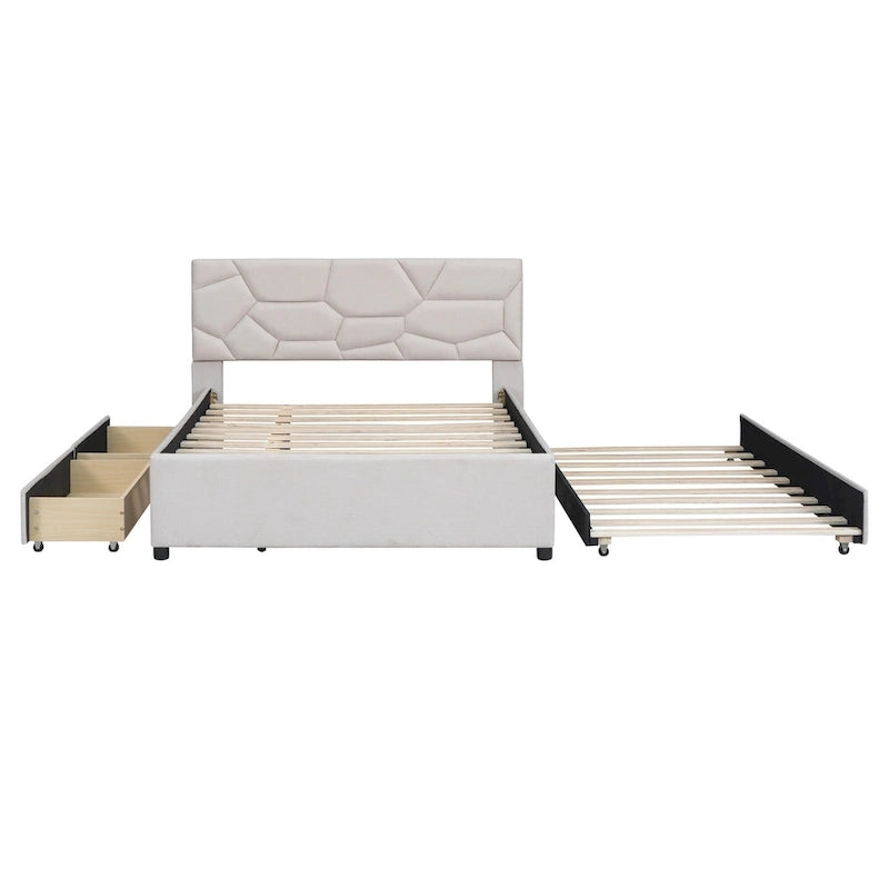 Lit plateforme beige double en lin avec tête de lit motif brique, lit gigogne et tiroirs de rangement