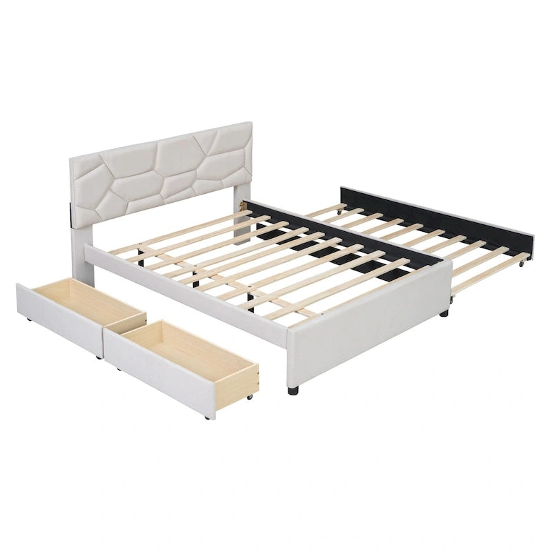 Lit plateforme beige double en lin avec tête de lit motif brique, lit gigogne et tiroirs de rangement