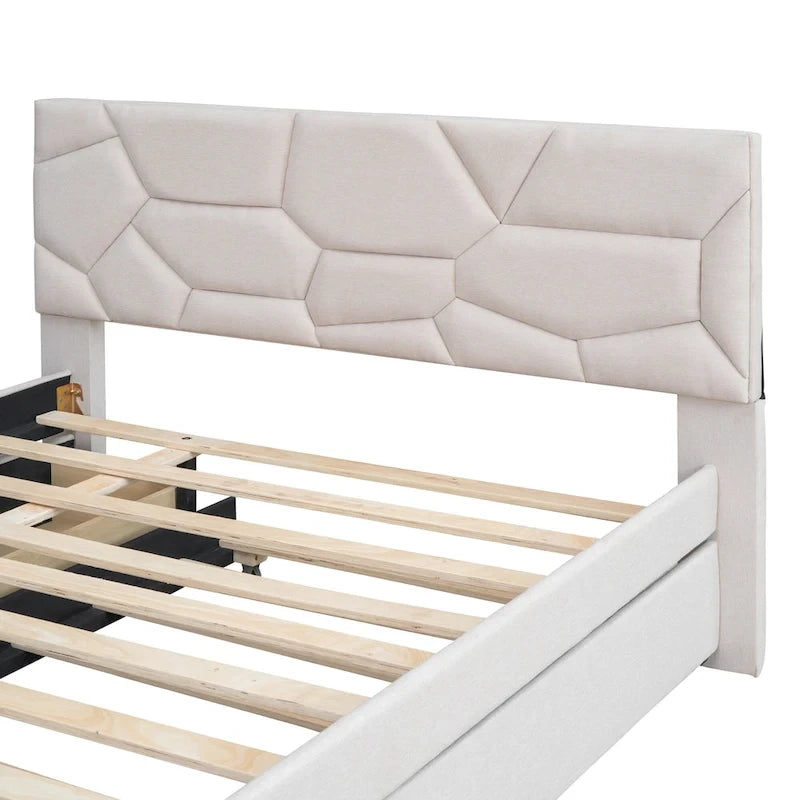 Lit plateforme beige double en lin avec tête de lit motif brique, lit gigogne et tiroirs de rangement