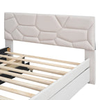 Lit plateforme beige double en lin avec tête de lit motif brique, lit gigogne et tiroirs de rangement
