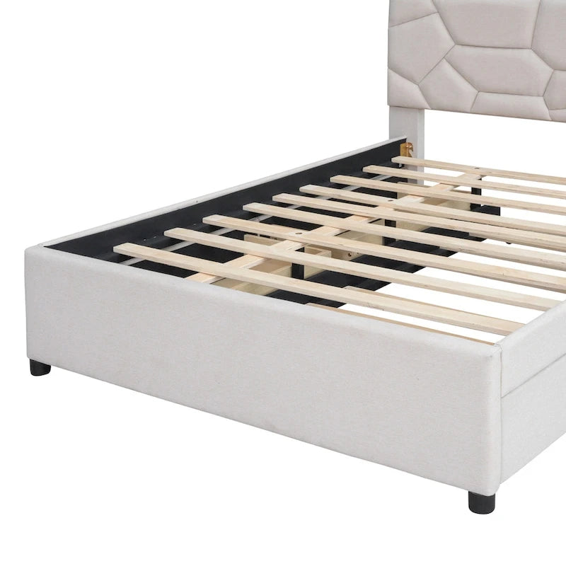 Lit plateforme beige double en lin avec tête de lit motif brique, lit gigogne et tiroirs de rangement