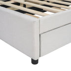 Lit plateforme beige double en lin avec tête de lit motif brique, lit gigogne et tiroirs de rangement