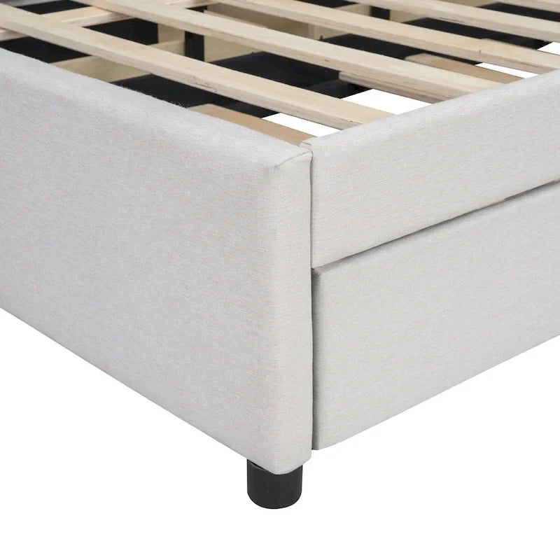 Lit plateforme beige double en lin avec tête de lit motif brique, lit gigogne et tiroirs de rangement