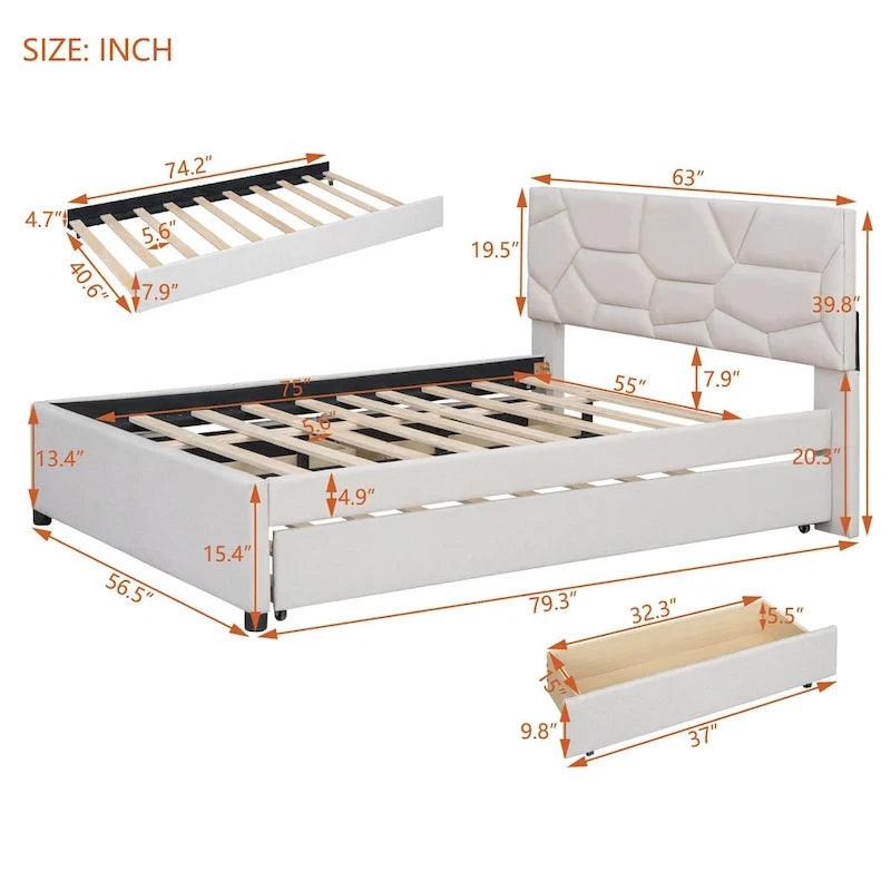 Lit plateforme beige double en lin avec tête de lit motif brique, lit gigogne et tiroirs de rangement