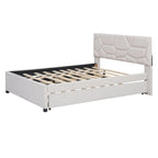 Lit plateforme beige double en lin avec tête de lit motif brique, lit gigogne et tiroirs de rangement