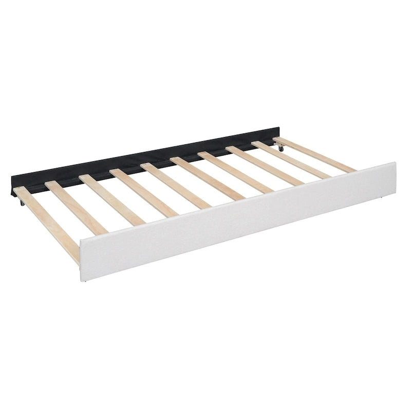 Lit plateforme beige double en lin avec tête de lit motif brique, lit gigogne et tiroirs de rangement