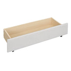 Lit plateforme beige double en lin avec tête de lit motif brique, lit gigogne et tiroirs de rangement