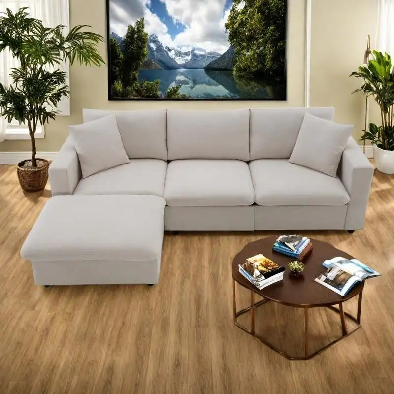 Canapé d'angle en polyester de 255 cm avec canapé convertible 4 places, pouf et coussins à ressorts ensachés (capacité de 136 kg)