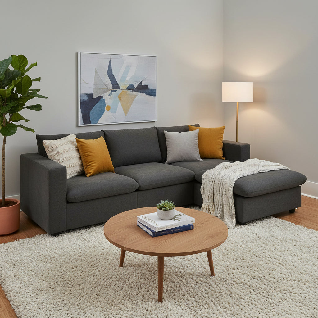 Canapé d'angle en polyester de 255 cm avec canapé convertible 4 places, pouf et coussins à ressorts ensachés (capacité de 136 kg)