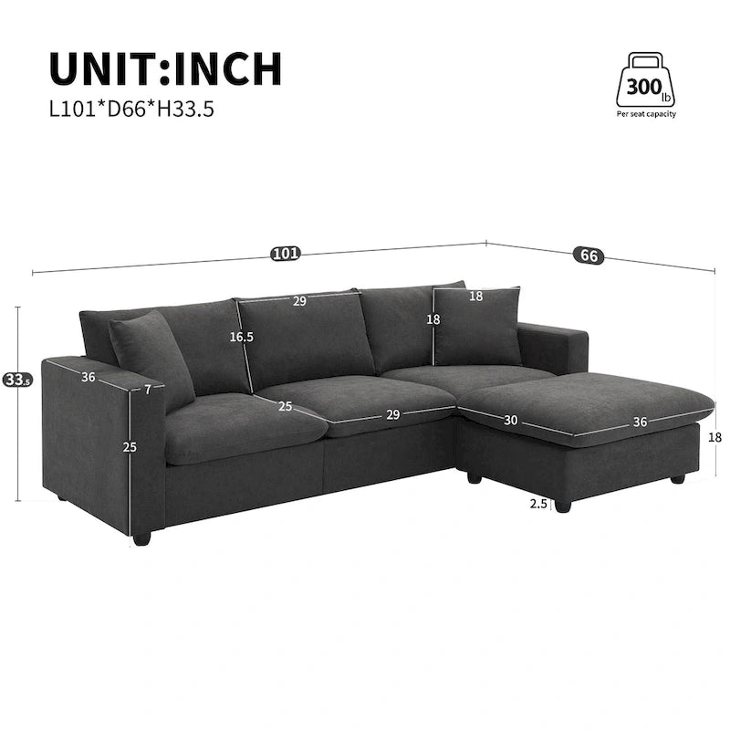 Canapé d'angle en polyester de 255 cm avec canapé convertible 4 places, pouf et coussins à ressorts ensachés (capacité de 136 kg)