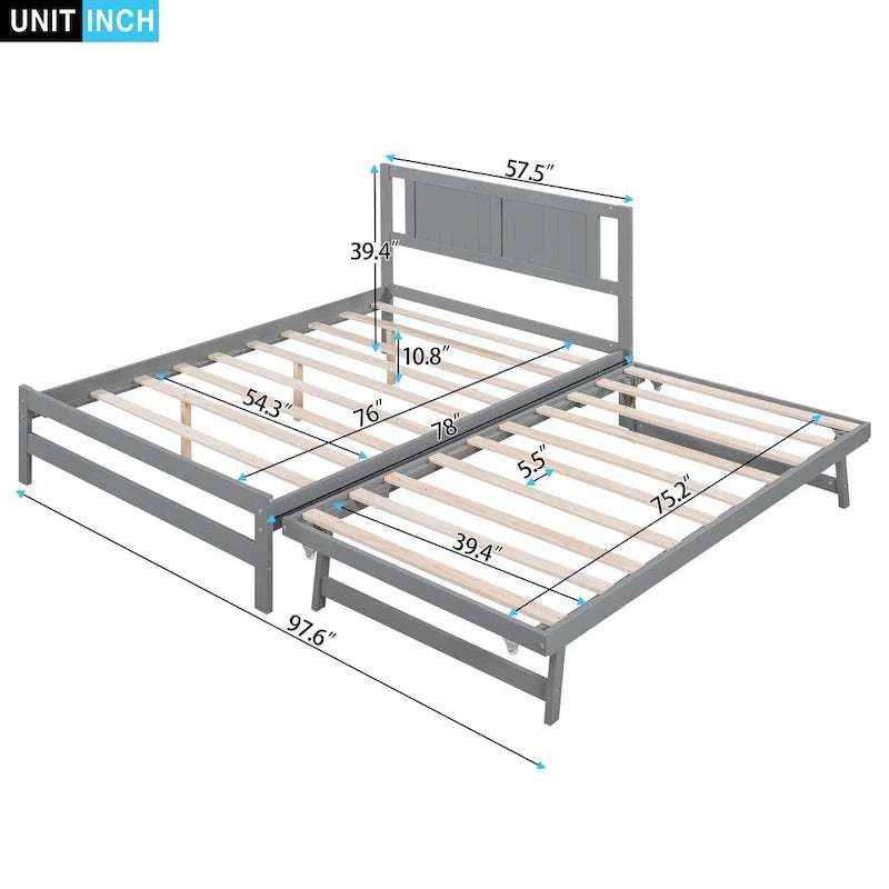 Lit plateforme moderne en pin massif avec lit gigogne réglable