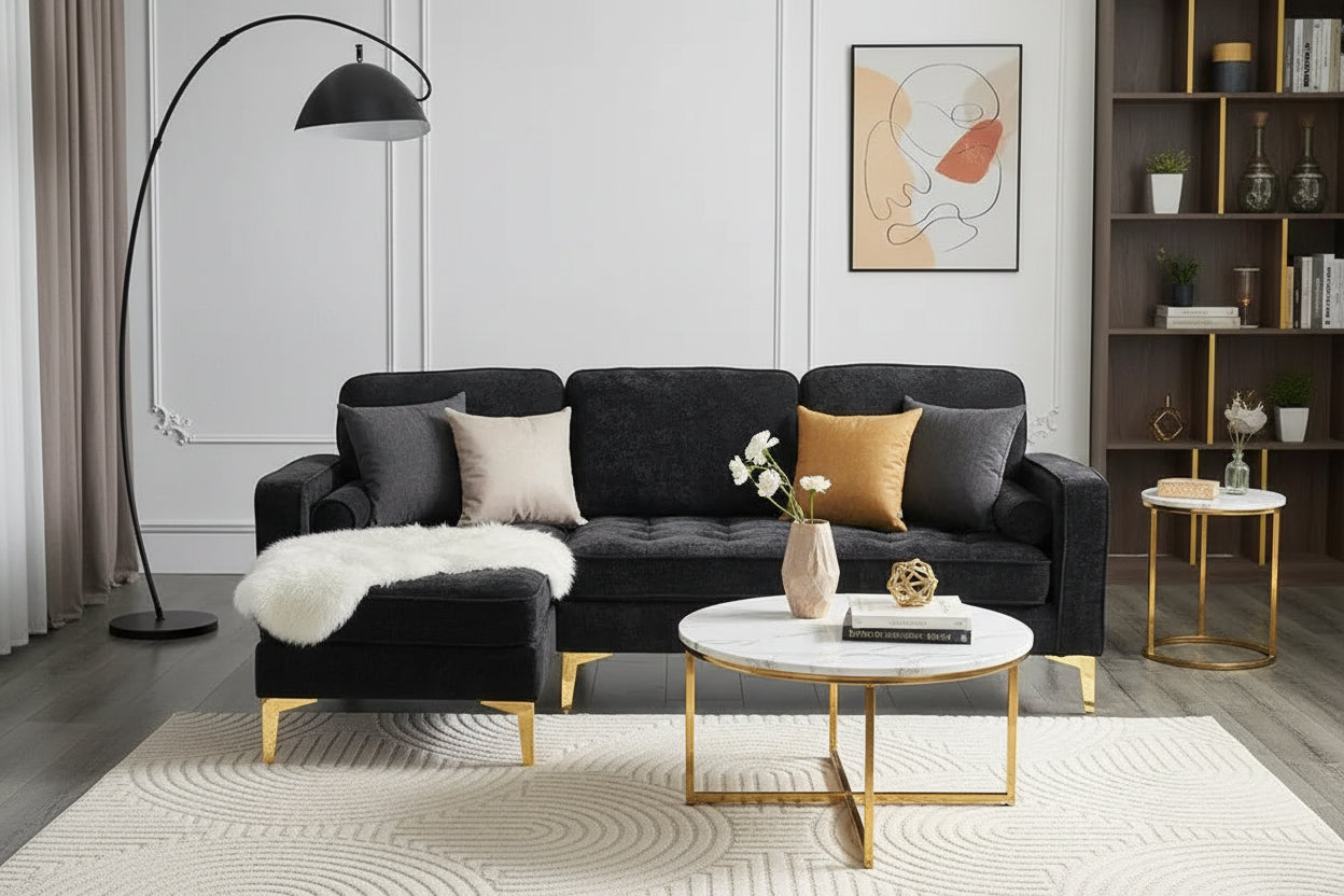 Canapé modulable d'intérieur à 3 places avec pieds trépied dorés