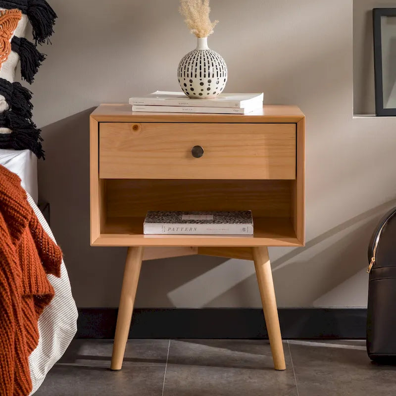 Table de chevet en bois massif à 1 tiroir et 1 étagère, style Mid-Century