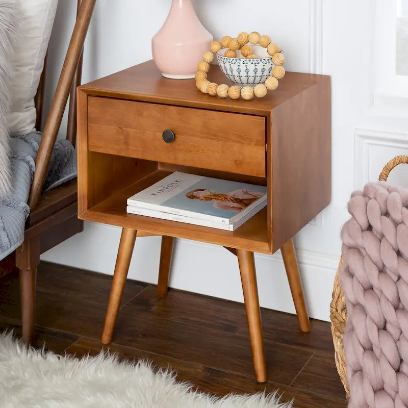 Table de chevet en bois massif à 1 tiroir et 1 étagère, style Mid-Century