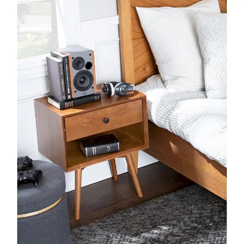 Table de chevet en bois massif à 1 tiroir et 1 étagère, style Mid-Century