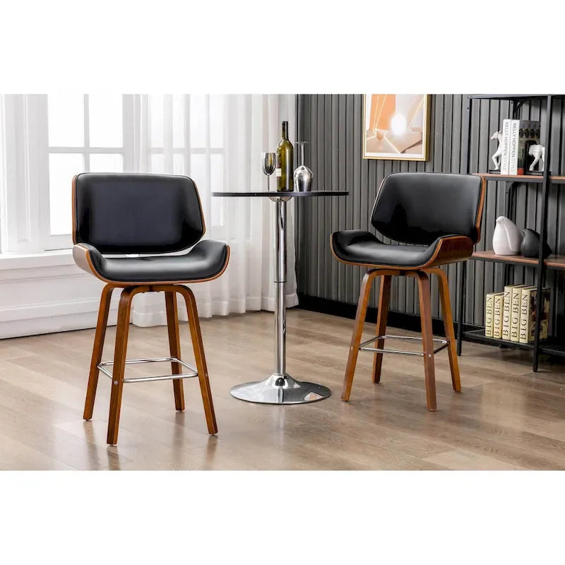 Tabouret de comptoir pivotant, en similicuir, pieds en bois avec repose-pieds