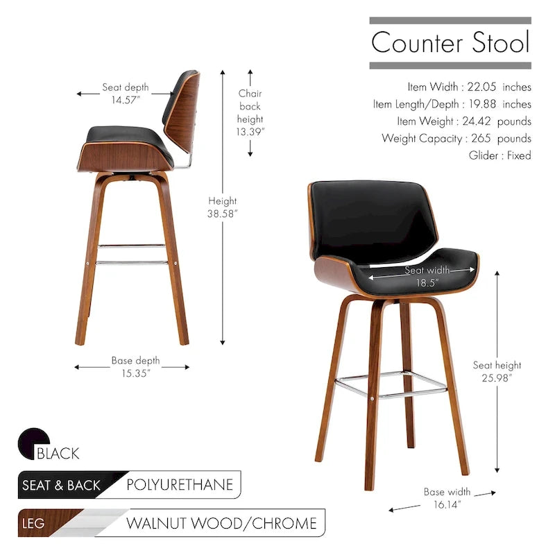 Tabouret de comptoir pivotant, en similicuir, pieds en bois avec repose-pieds