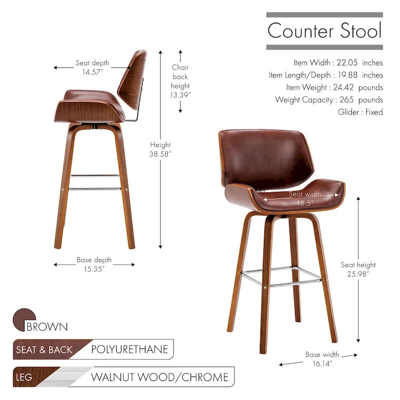 Tabouret de comptoir pivotant, en similicuir, pieds en bois avec repose-pieds