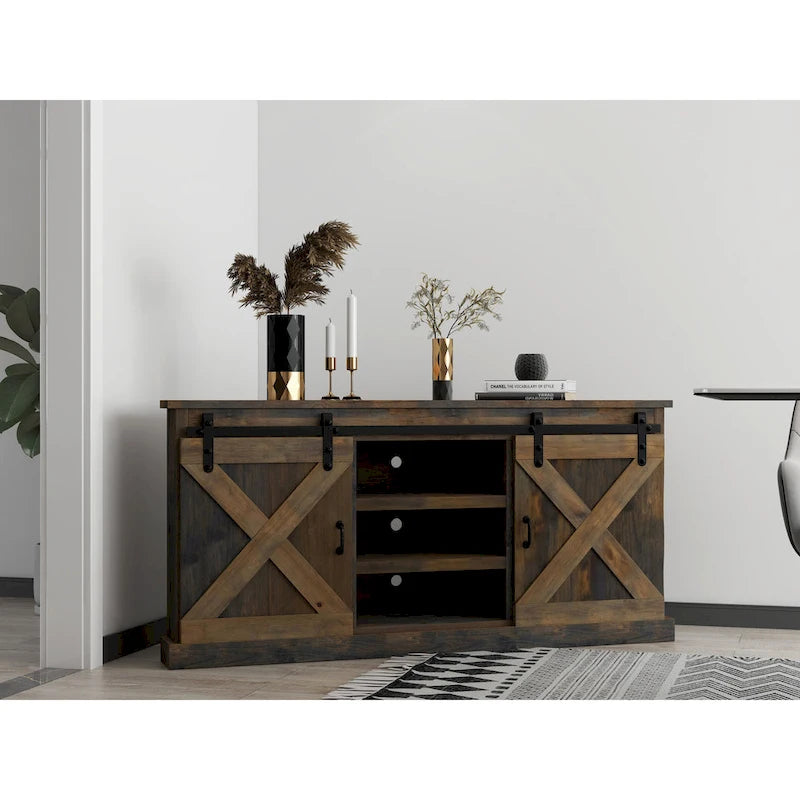 Meuble TV d'angle de 66 pouces, style ferme, pour téléviseurs jusqu'à 80 pouces, aucun assemblage requis, finition bois de grange