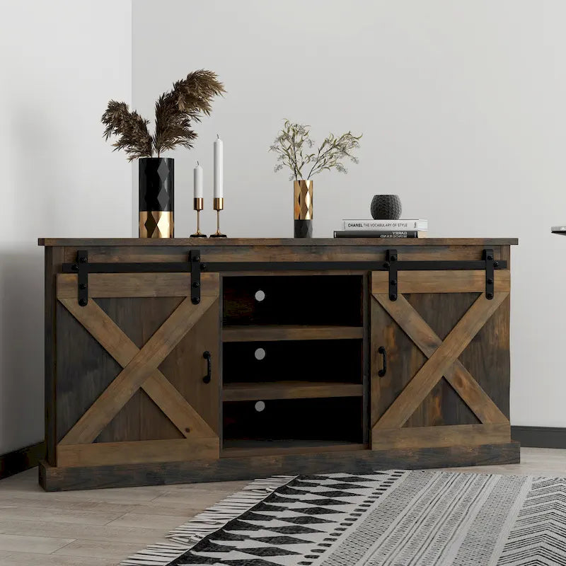 Meuble TV d'angle de 66 pouces, style ferme, pour téléviseurs jusqu'à 80 pouces, aucun assemblage requis, finition bois de grange